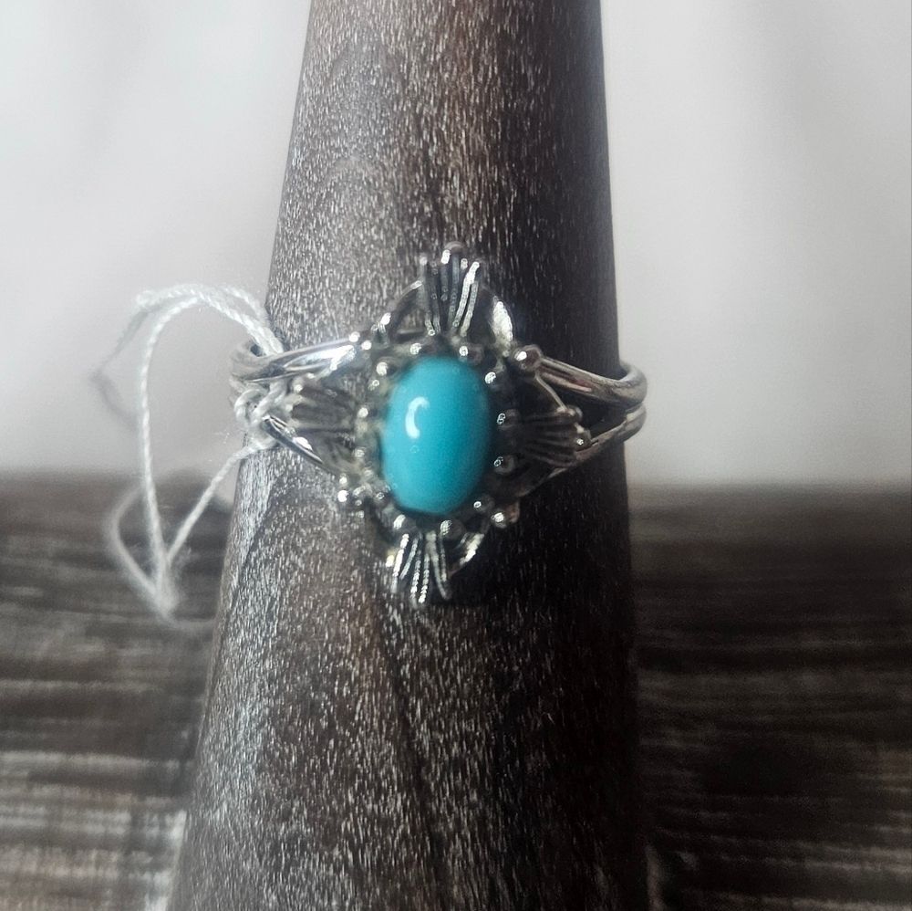 Vintage Sarah Coventry Blue Feather Ring 1976 Turquoise Silver Adjustable EUC